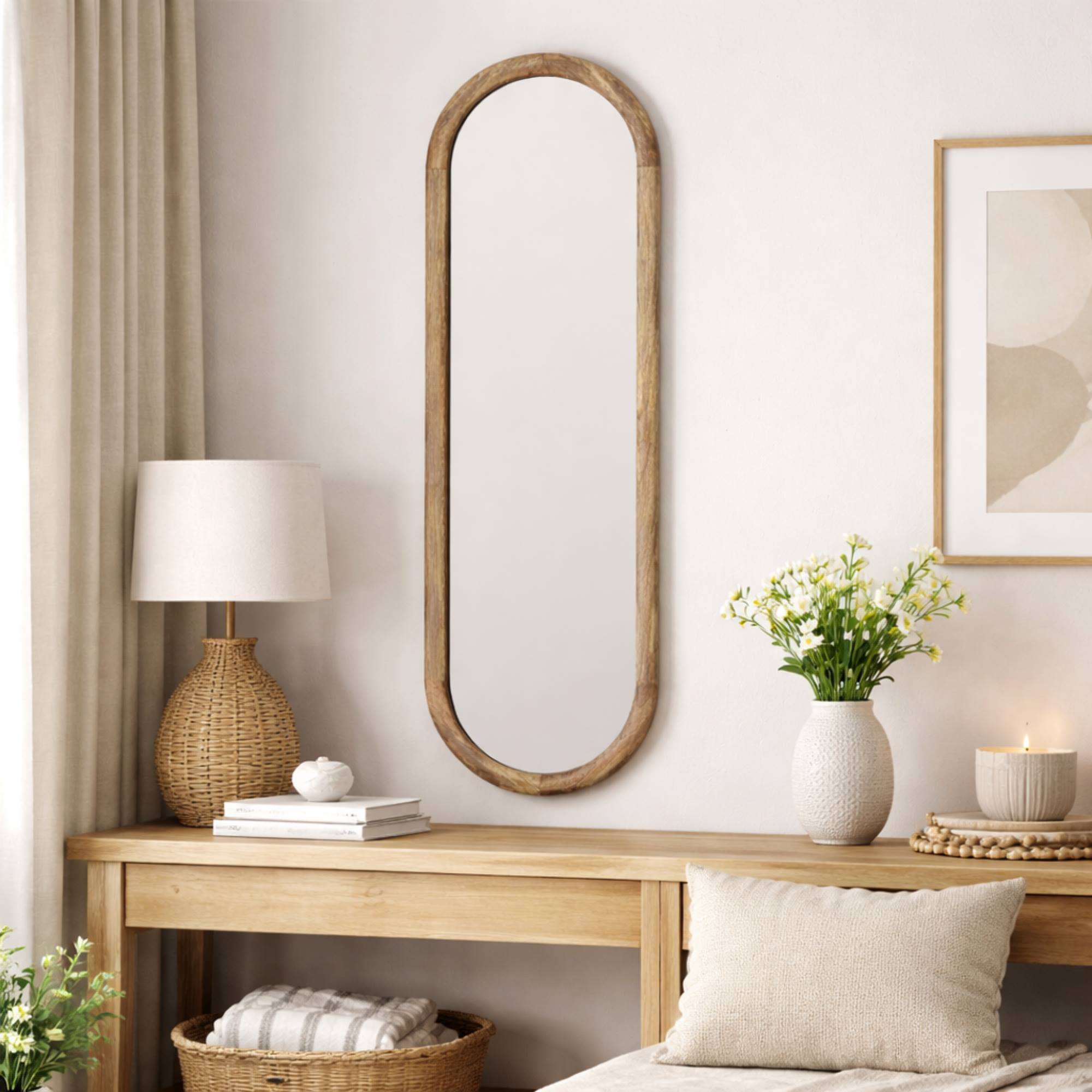 WELL HOME Espejo ovalado 28x2,5x77,5cm marco de madera de mango, acabado natural para pared en dormitorio o pasillo