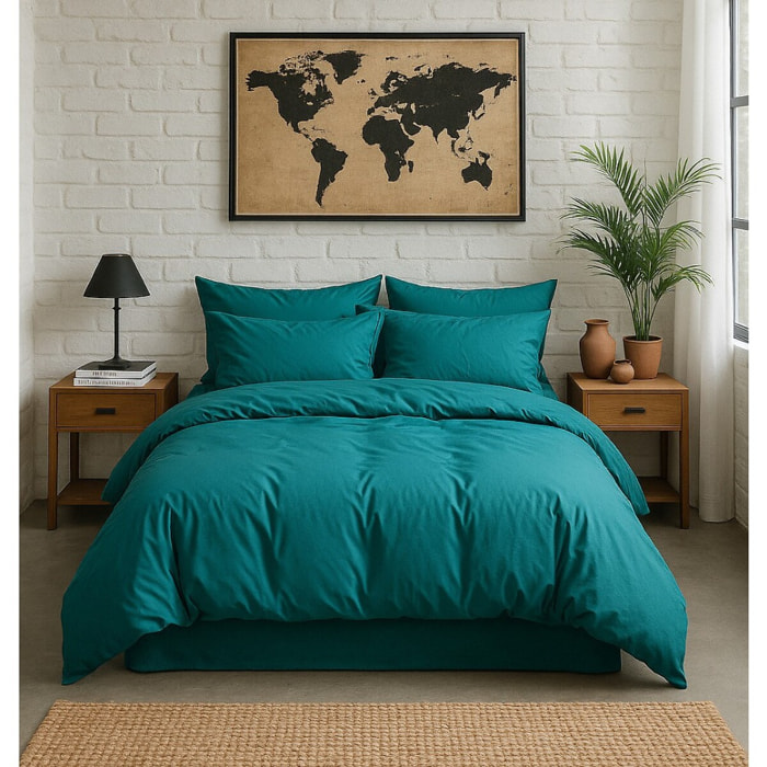 Paire de Taies D'oreiller Avec Volant 100% Percale De Coton Lavé Bleu Canard