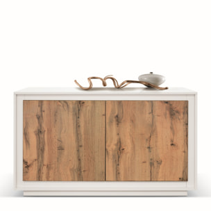 Credenza LAMPEDUSA in legno, finitura bianco frassinato, ante finitura rovere rustico, 140x50 cm