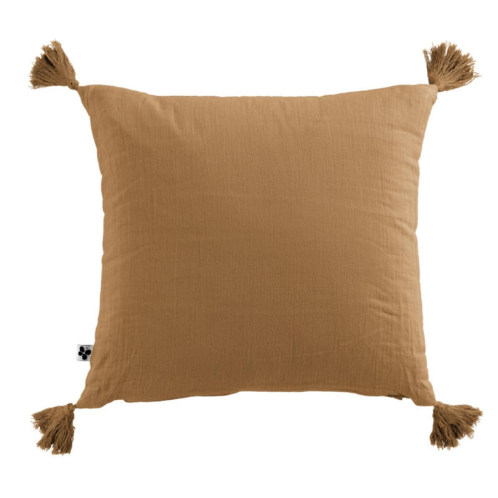 Coussin déhoussable avec pompons ''Gaïa'' 40 x 40 cm ''Gaze de Coton'' - Couleur: Gaïa Camel