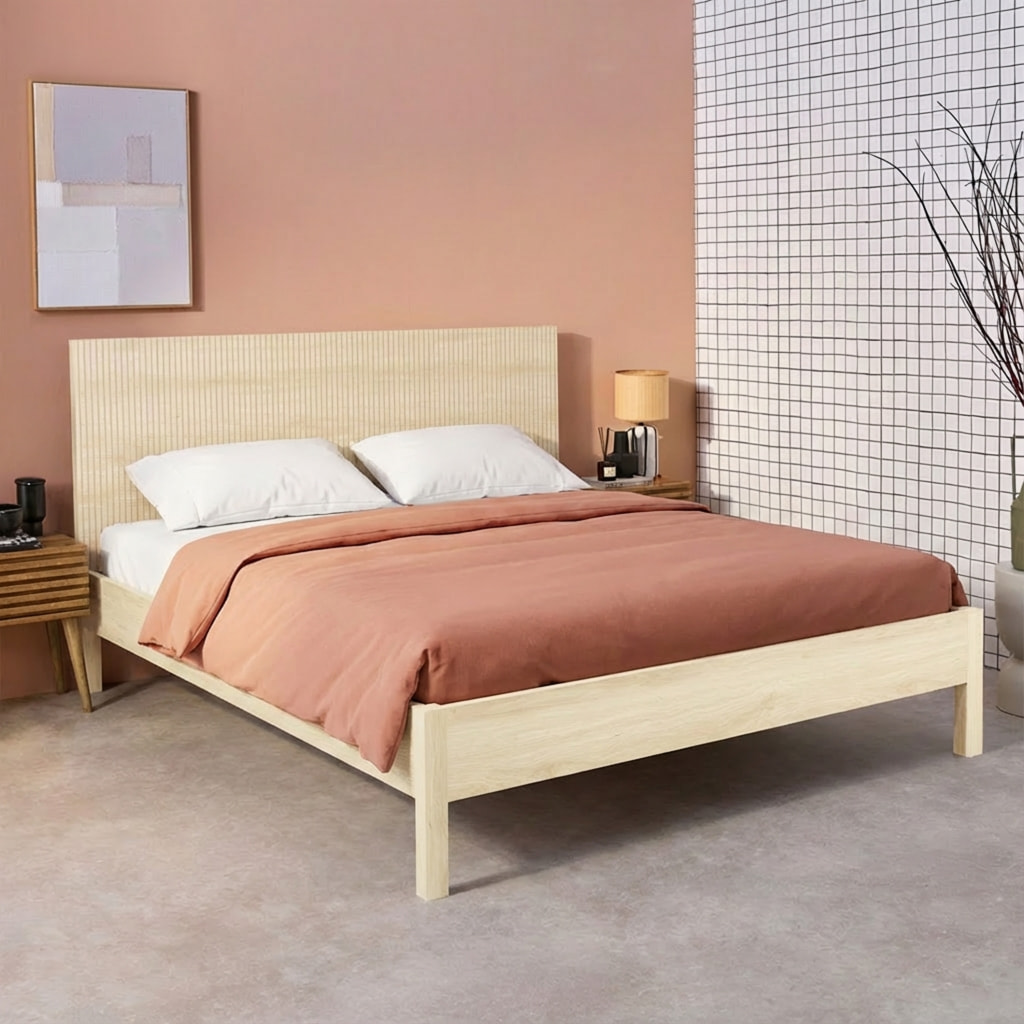 Lit avec sommier à lattes et tête de lit 160x200cm décor bois LINEAR