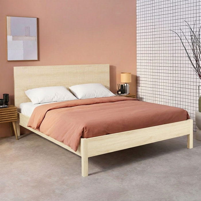Lit avec sommier à lattes et tête de lit 160x200cm décor bois LINEAR