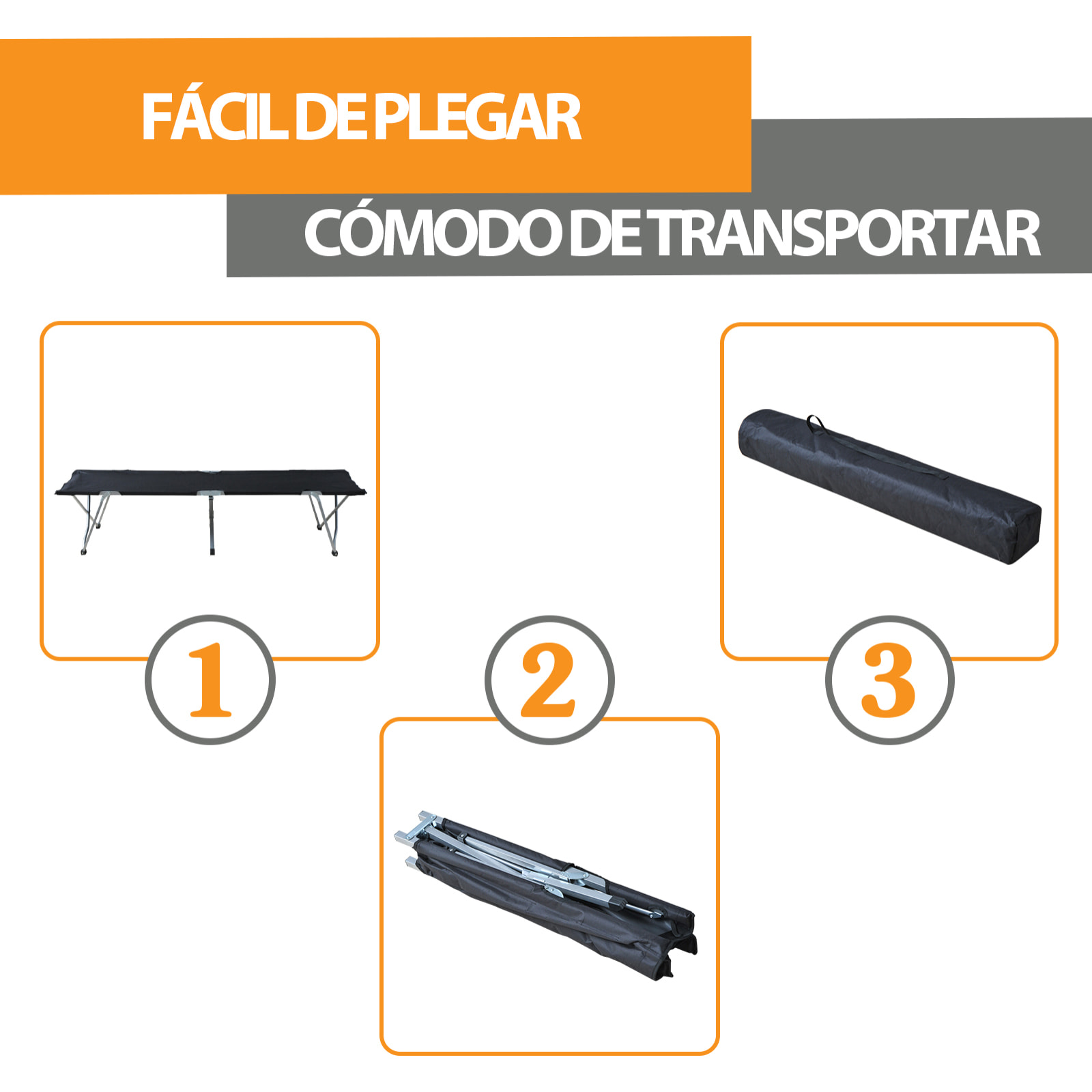 Cama de Camping Plegable Cama de Acampada con Marco Metálico Carga 136 kg para Playa Senderismo 193x64x40 cm Negro