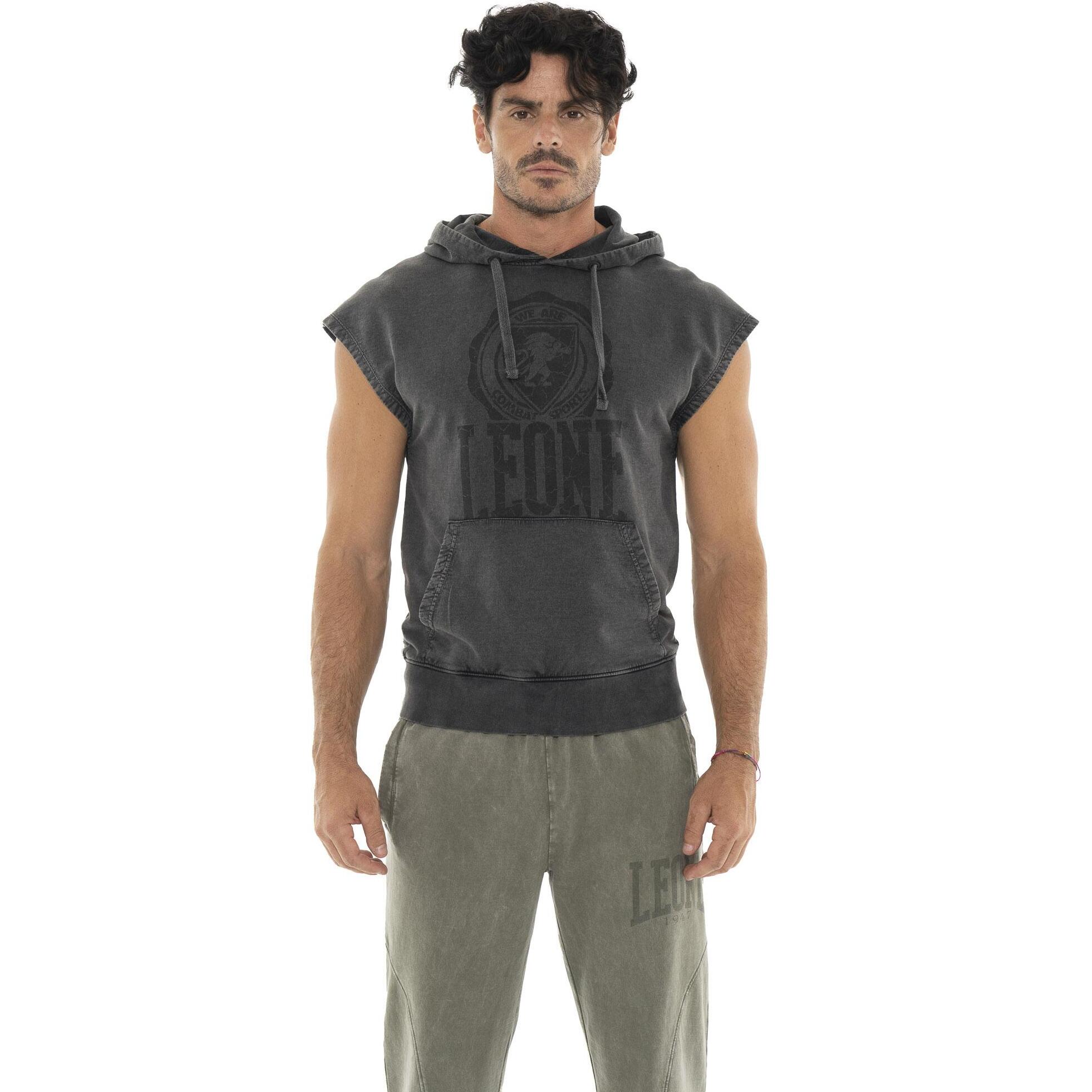 Felpa smanicata da uomo non garzata in tessuto lavato Leone Old Wash