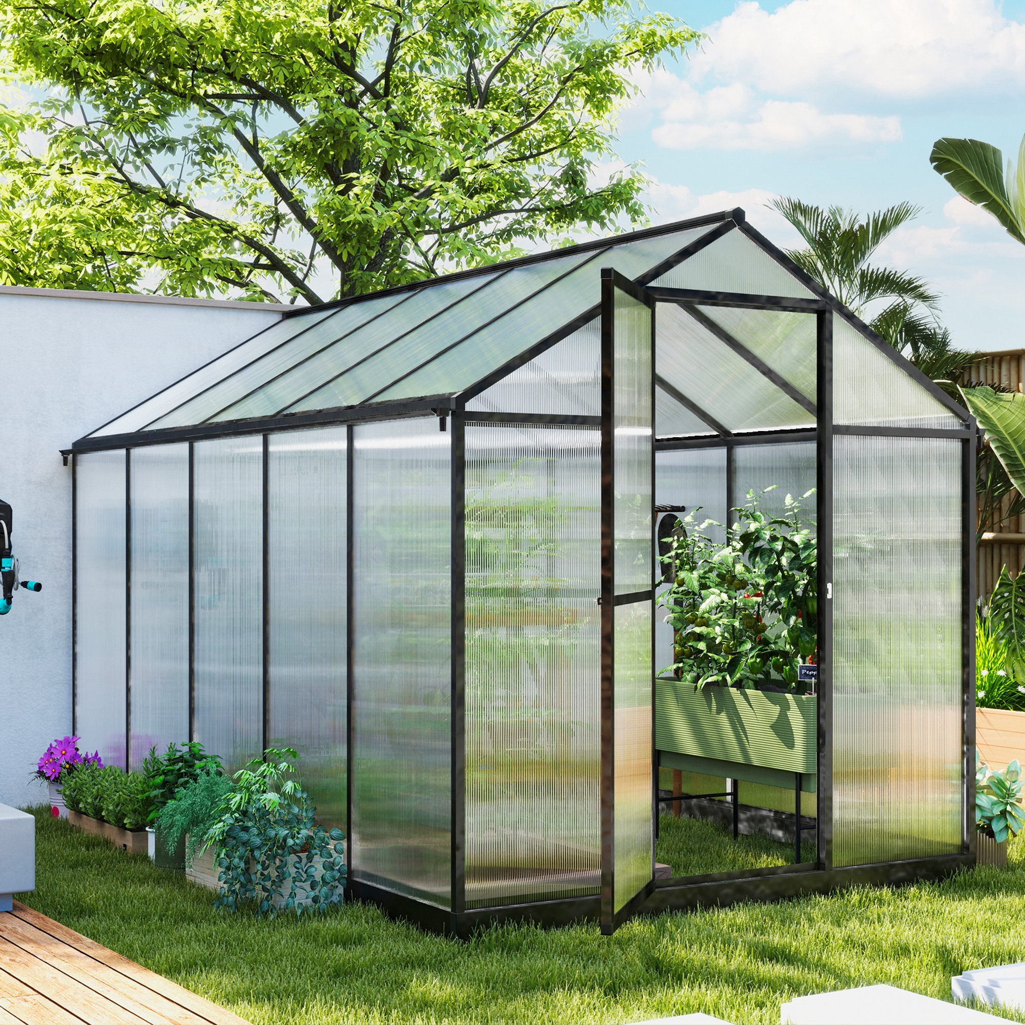 Serre de jardin alu polycarbonate 5,5 m² dim. 3,03x1,83x1,95m fondation lucarne porte loquet anthracite