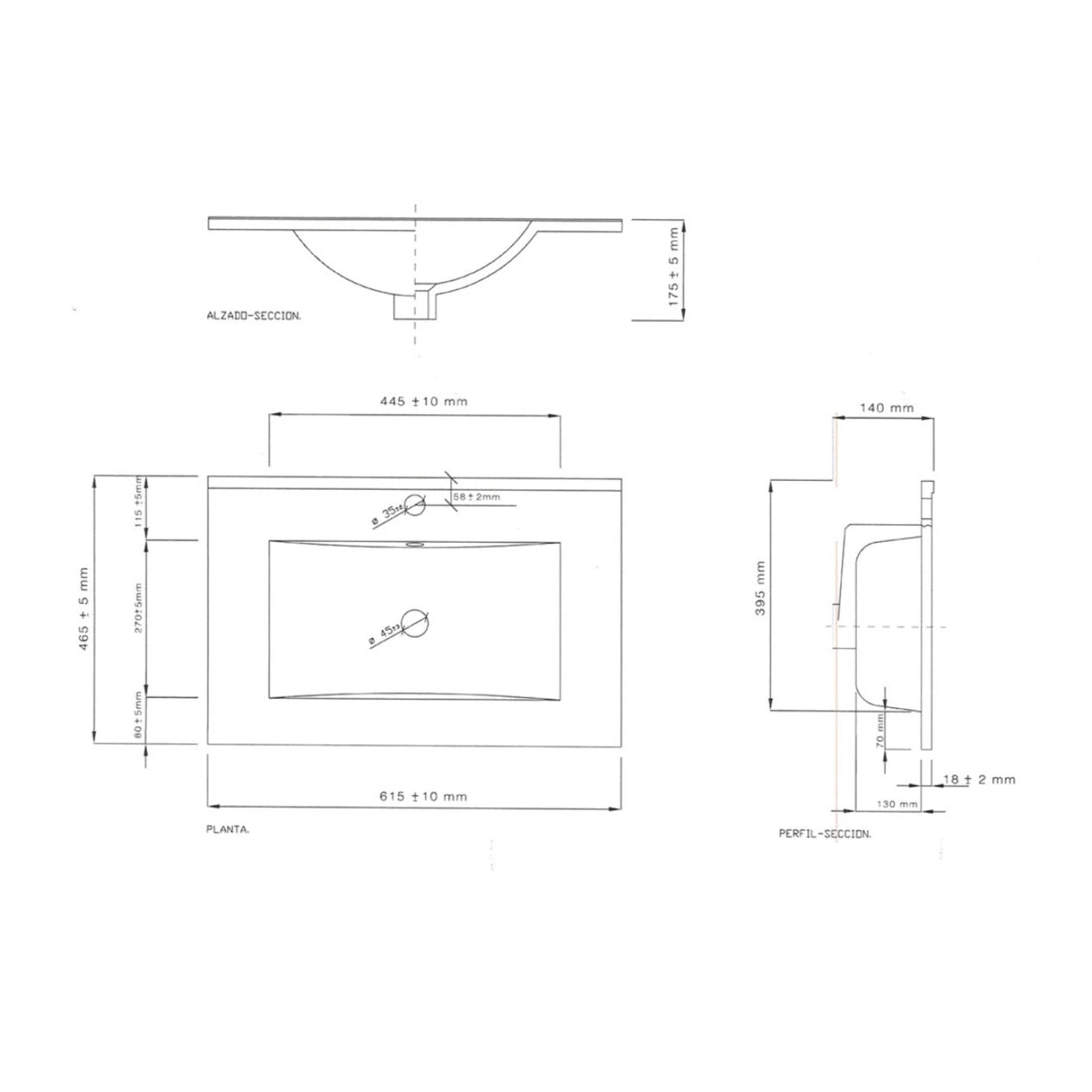 Lavabo cerámico rectangular 60x45 cm Volga Blanco