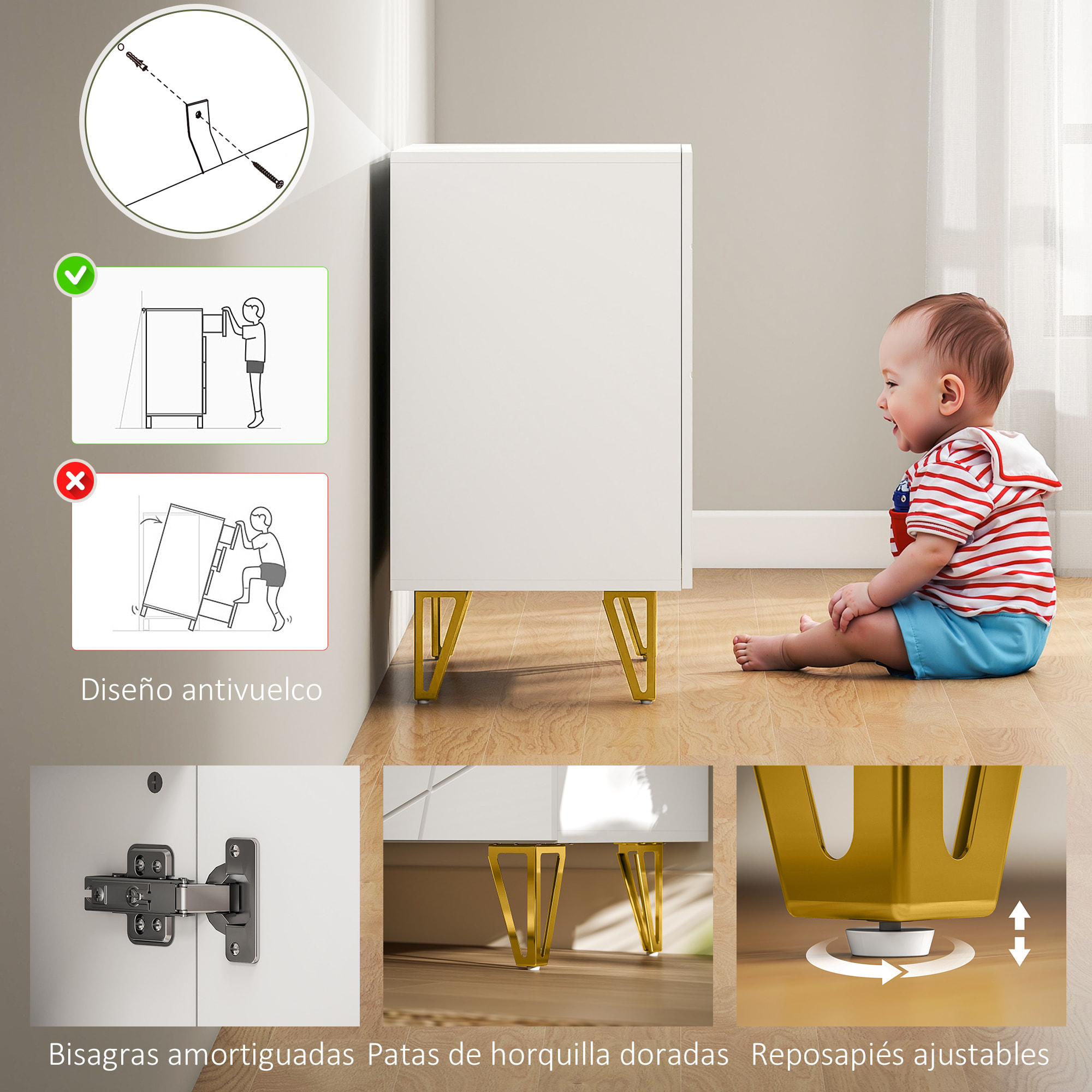 Aparador para Salón Aparador de Entrada con 2 Puertas y Estantes Ajustables Armario de Almacenamiento para Cocina Sala 80x40x75 cm Blanco Brillo