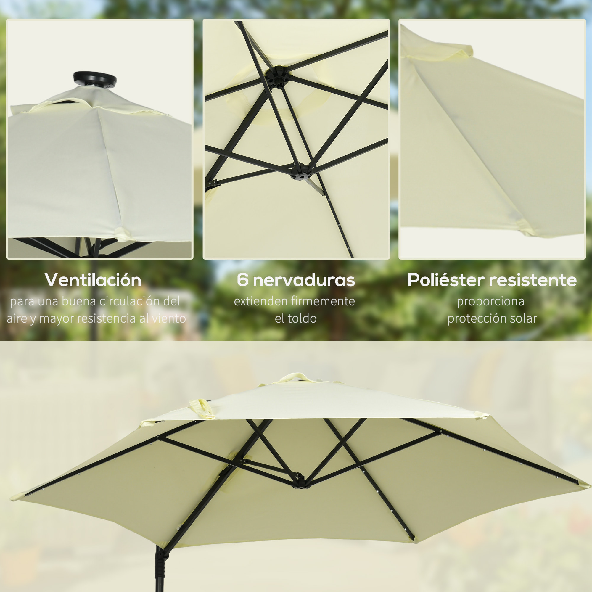 Sombrilla de Jardín Ø256x248 cm Parasol de Terraza Manual con Luces LED Solares Poste Giratorio 360° y Ventilación Superior para Jardín Patio Piscina Beige