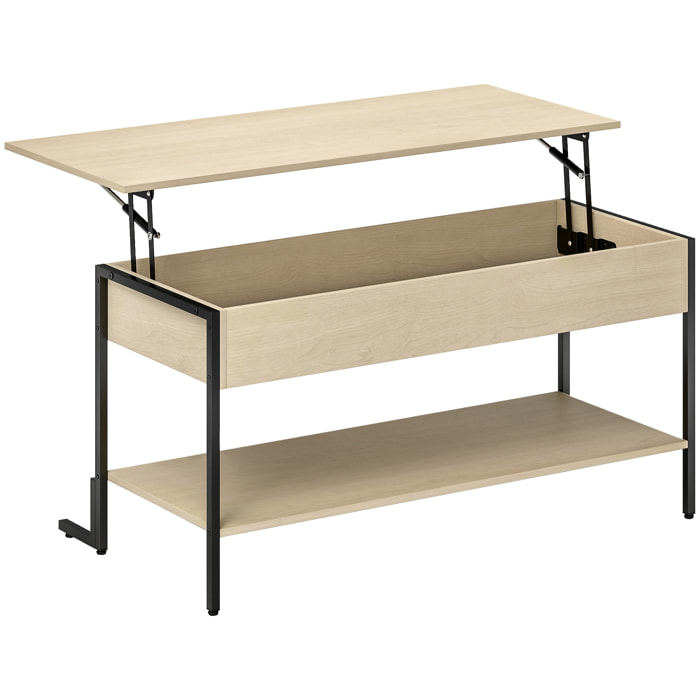 Table basse relevable style industriel - étagère - plateau relevable H.46-59 cm - métal noir effet bois clair