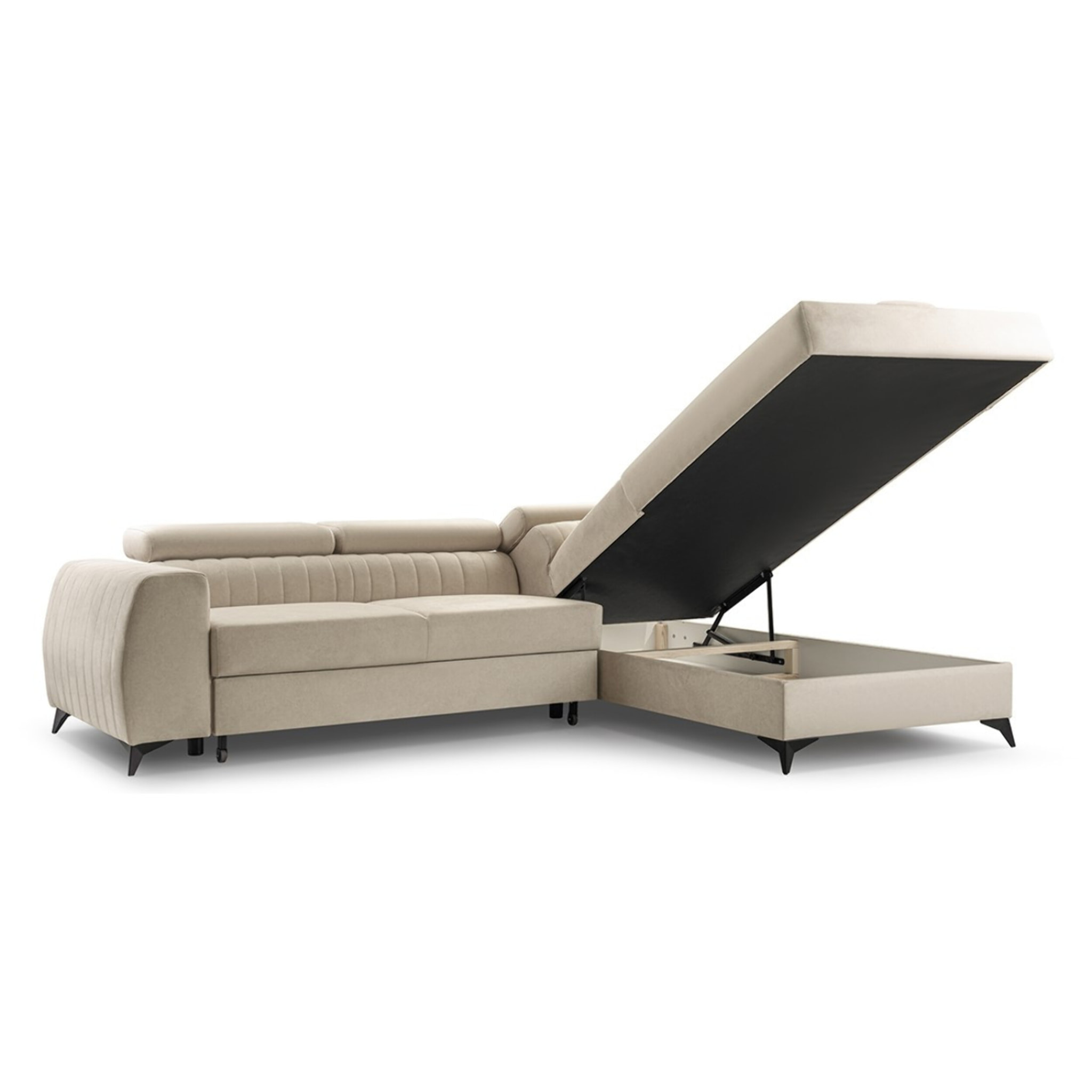 Aneta - canapé d'angle droit 5 places - convertible avec coffre et têtières - en velours - Beige