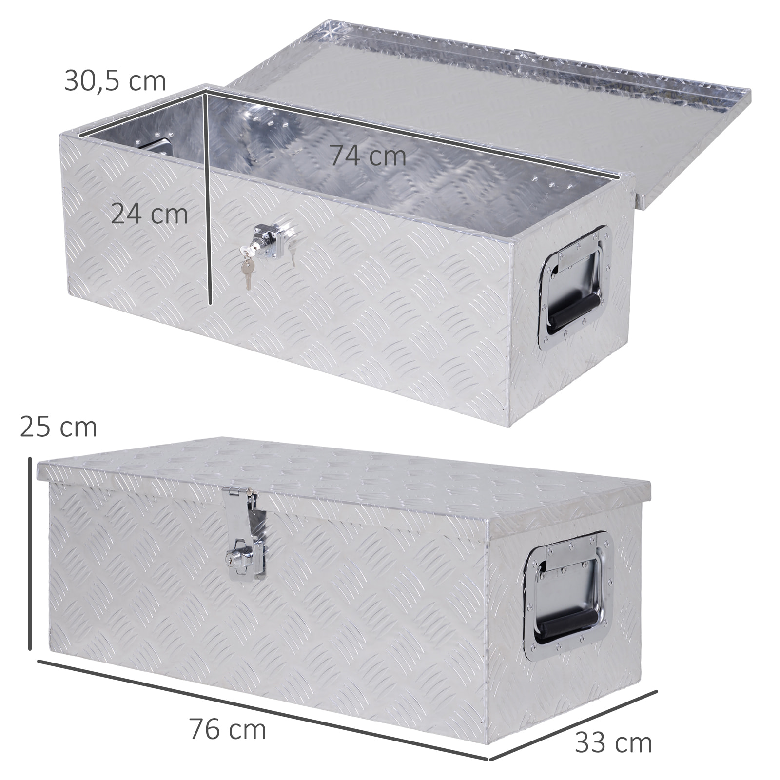 Caja de Herramientas de Aluminio con Tapa Abatible Asas Retráctiles Laterales Gran Compartimento y Cierre con Llave Maletín de Herramientas Portátil para Almacén Maletero 76x33x25 cm Plata