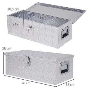 Caja de Herramientas de Aluminio con Tapa Abatible Asas Retráctiles Laterales Gran Compartimento y Cierre con Llave Maletín de Herramientas Portátil para Almacén Maletero 76x33x25 cm Plata