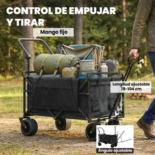 Carro Playa con Ruedas Grandes con Freno, Techo Extraíble, Carro Plegable para Jardín con Barra Ajustable, Portavasos y Bolsillos, Carga 100 kg, para Todo Terreno, Campaña, Compras, Negro