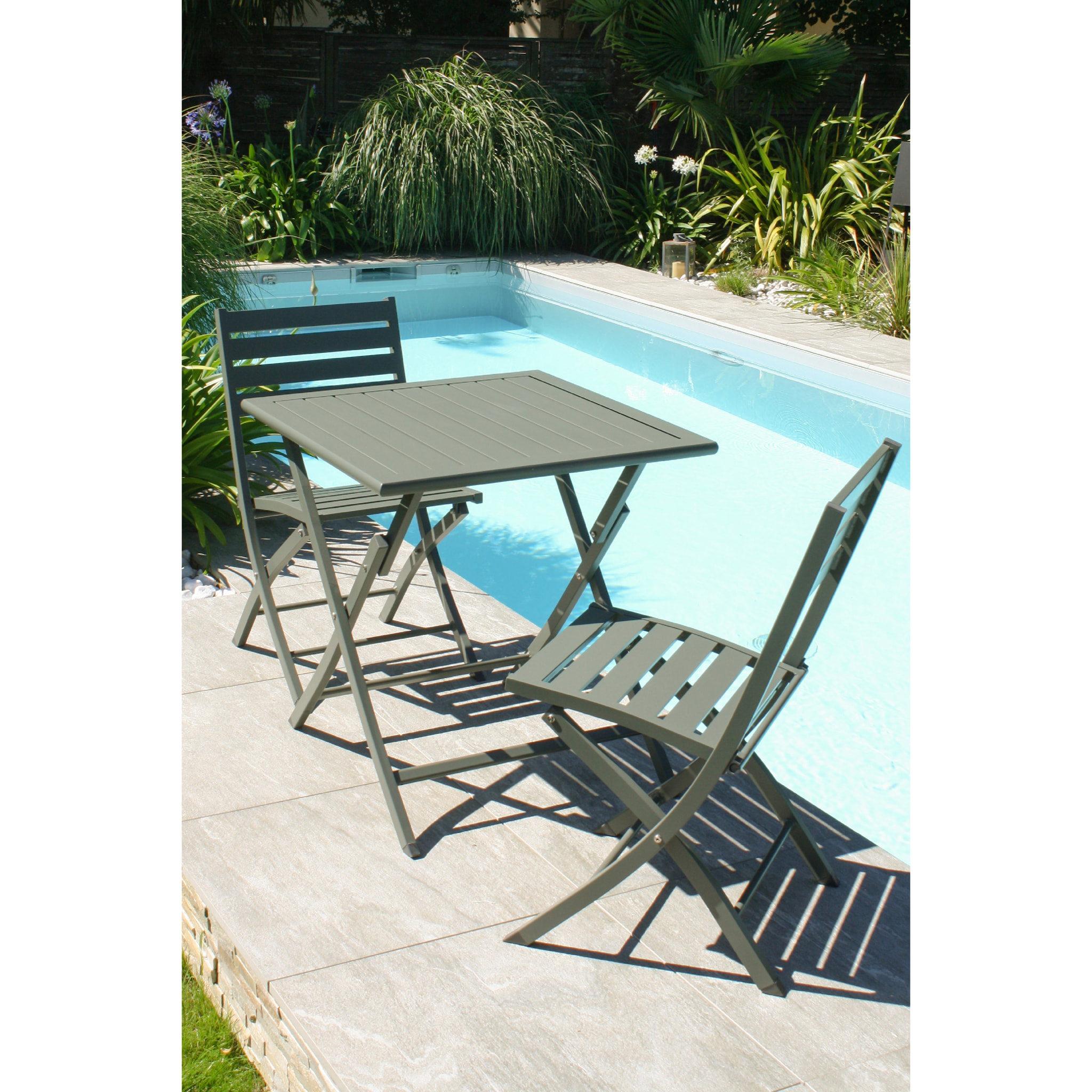 MARIUS - Ensemble repas de jardin 2 places en aluminium kaki