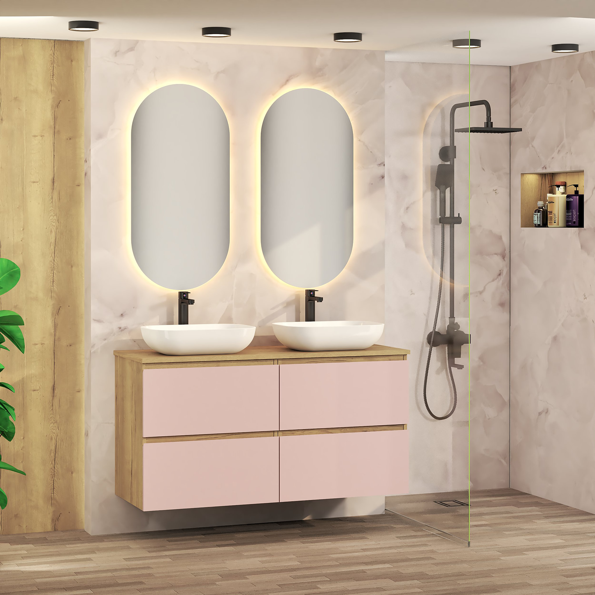 Conjunto de Baño Nia | Mueble Suspendido | 120 cm Rosa |Cuatro Cajones | Lavabo Sobrepuesto | No incluye Espejo | Mueble Montado| Alday
