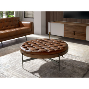 Mesa centro Angel Cerdá redonda en madera chapada en nogal natural y una tapa de piel en marrón oscuro 100x100x40cm