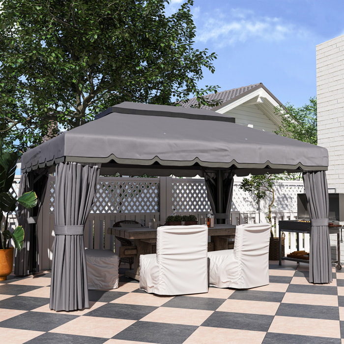 Cenador para Jardín 4x3 m Pérgola de Jardín Gazebo con Doble Techo de Ventilación Paredes Laterales Anti-UV Mosquiteras y Marco de Aluminio Carpa para Exterior Terraza Patio Gris