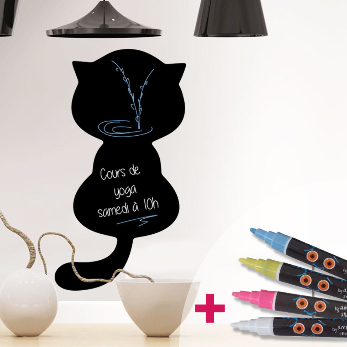 Sticker ardoise tableau noir - stickers muraux adhésif effaçable - CHAT MIGNON + 4 CRAIES LIQUIDES