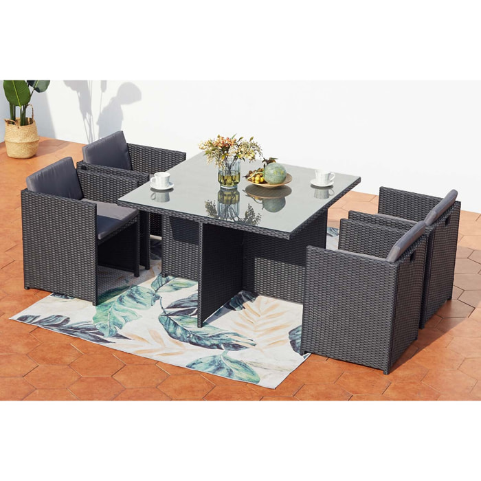 Table et chaises 4 places encastrables en résine noir-gris REGINA