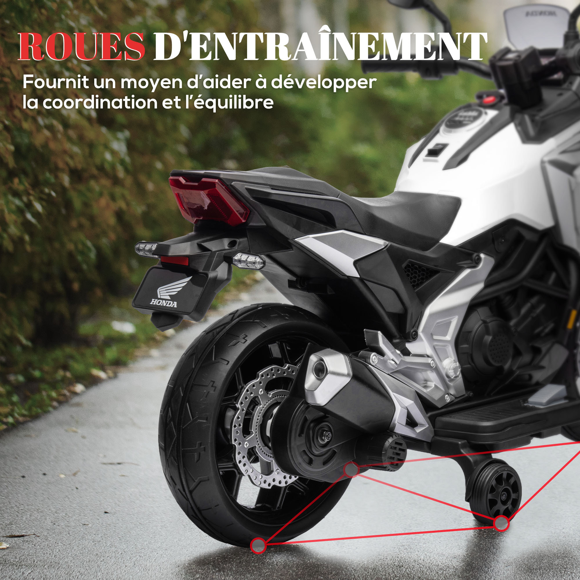 Moto électrique enfant Honda NC750x - musiques, feux AV LED, entrée USB MP3 jack - 2 roues support aux. - blanc