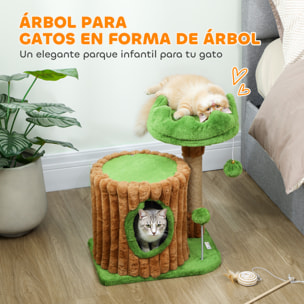 Árbol Rascador para Gatos, Árbol para Gatos 53 cm, Diseño de Tronco, Torre Escalador con Casita, Cama, Poste de Yute, Bolas Colgantes, Marrón y Verde