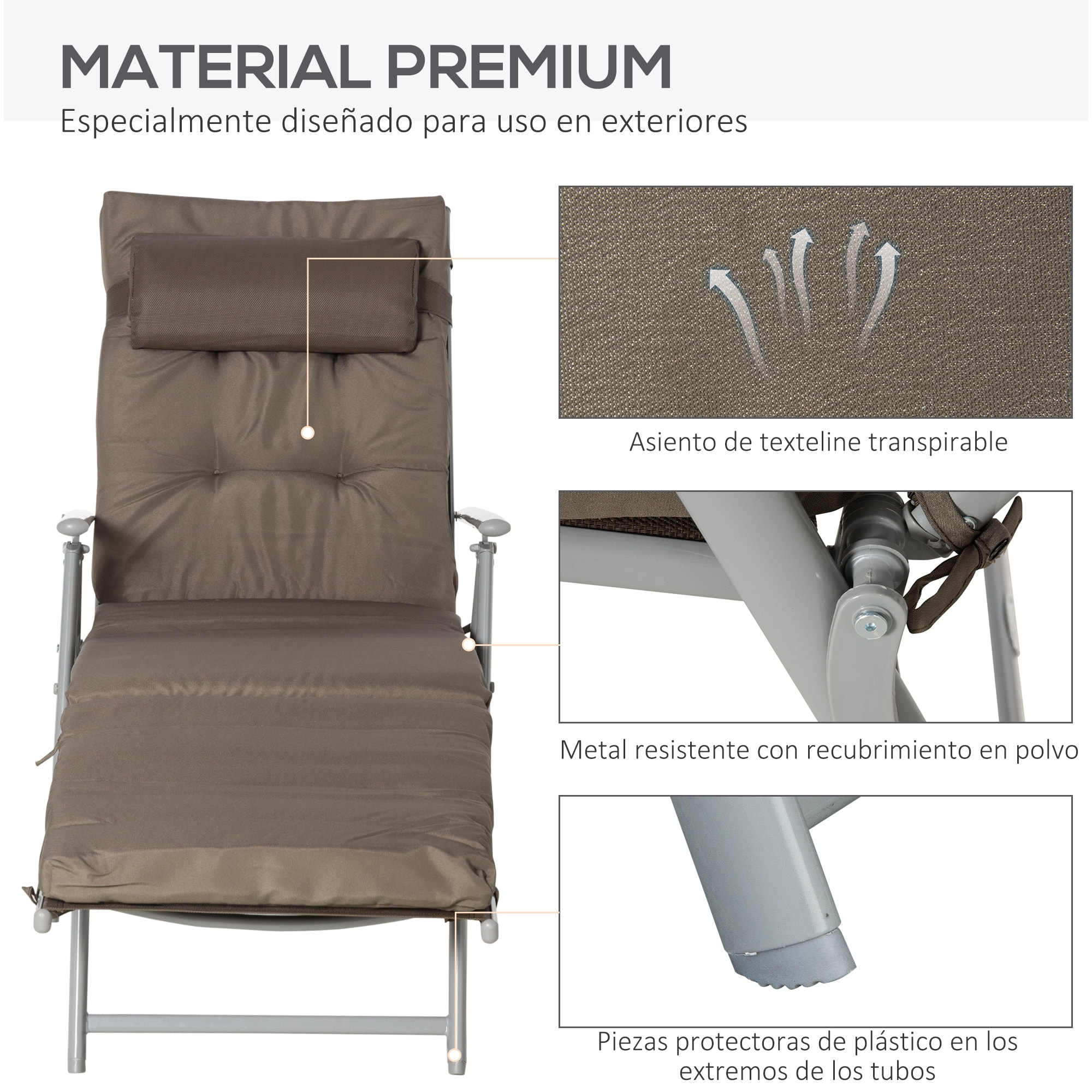 Tumbona Plegable Tumbona de Jardín con Respaldo Ajustable en 7 Posiciones con Cojín Cuerpo Entero y Cabeza para Terraza Piscina Carga 165 kg 137x63,5x100,5 cm Marrón
