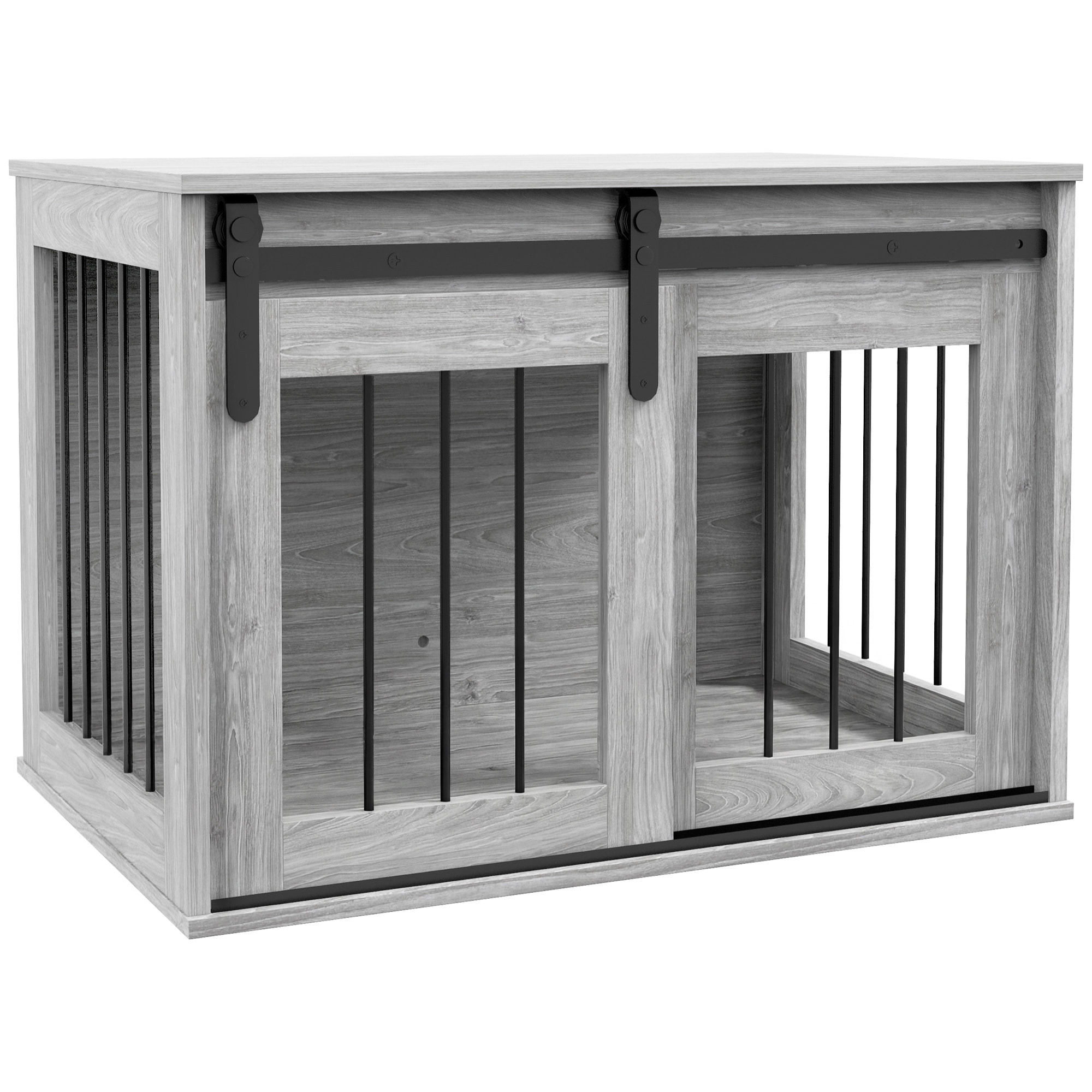 Cage pour chien animaux style industriel - porte coulissante verrouillable - acier noir aspect bois gris