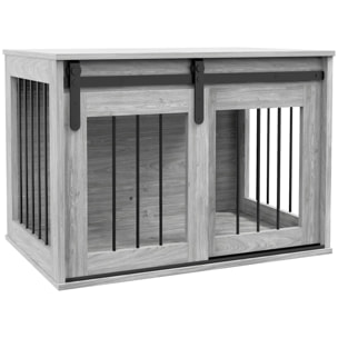 Cage pour chien animaux style industriel - porte coulissante verrouillable - acier noir aspect bois gris
