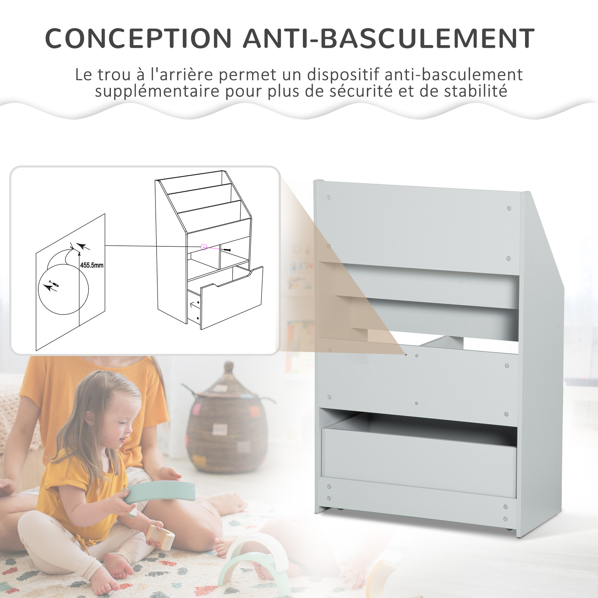 Bibliothèque étagère multi-rangement 3 étagères 2 niches grand tiroir MDF gris clair