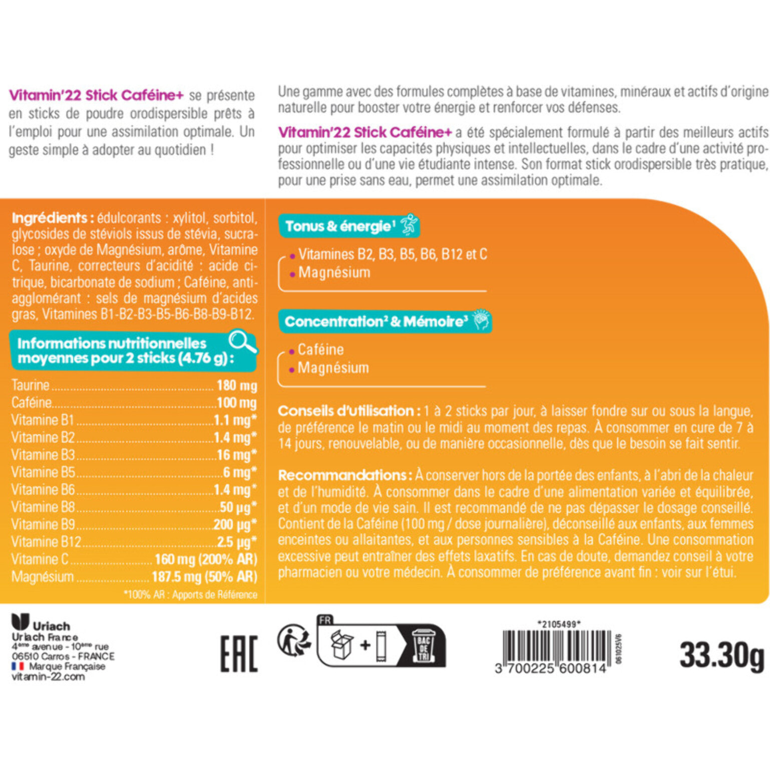 VITAMIN'22 - Caféine+ - Énergie et vitalité quotidienne - Améliore la concentration - 9 Vitamines, Magnésium, Caféine et Taurine - Sans Gluten - Cure de 7 à 14 Jours - 14 Sticks
