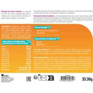 VITAMIN'22 - Caféine+ - Énergie et vitalité quotidienne - Améliore la concentration - 9 Vitamines, Magnésium, Caféine et Taurine - Sans Gluten - Cure de 7 à 14 Jours - 14 Sticks