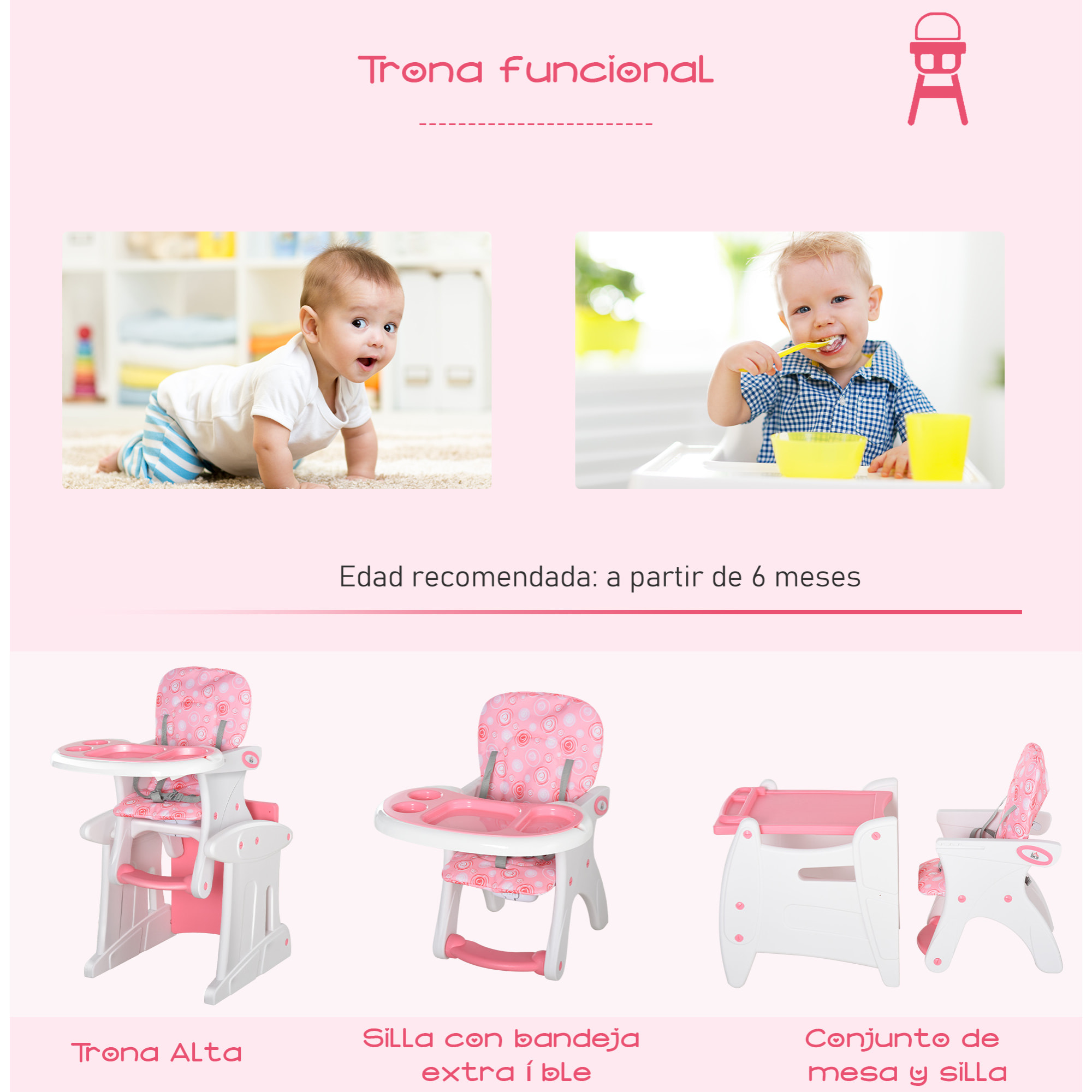 Trona para Bebés 3 Posiciones Ajustables Acolchado Rosa