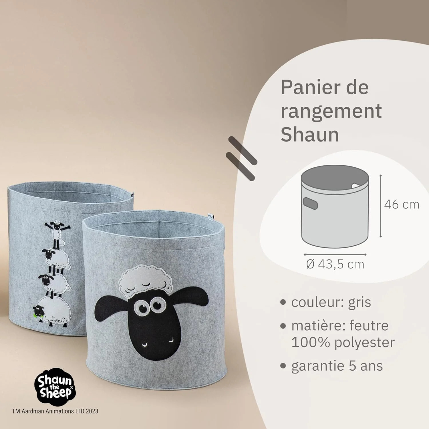 Panier à linge sale gris en feutre motif 4 moutons Lifeney Shaun le mouton