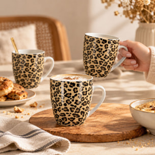 Lot de 6 mugs 35cl en porcelaine beige à motif léopard ANIMALS