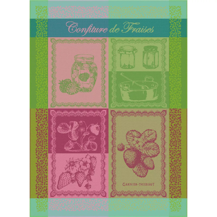 Torchon pur coton motif jacquard multicolore Confiture de fraises printemps