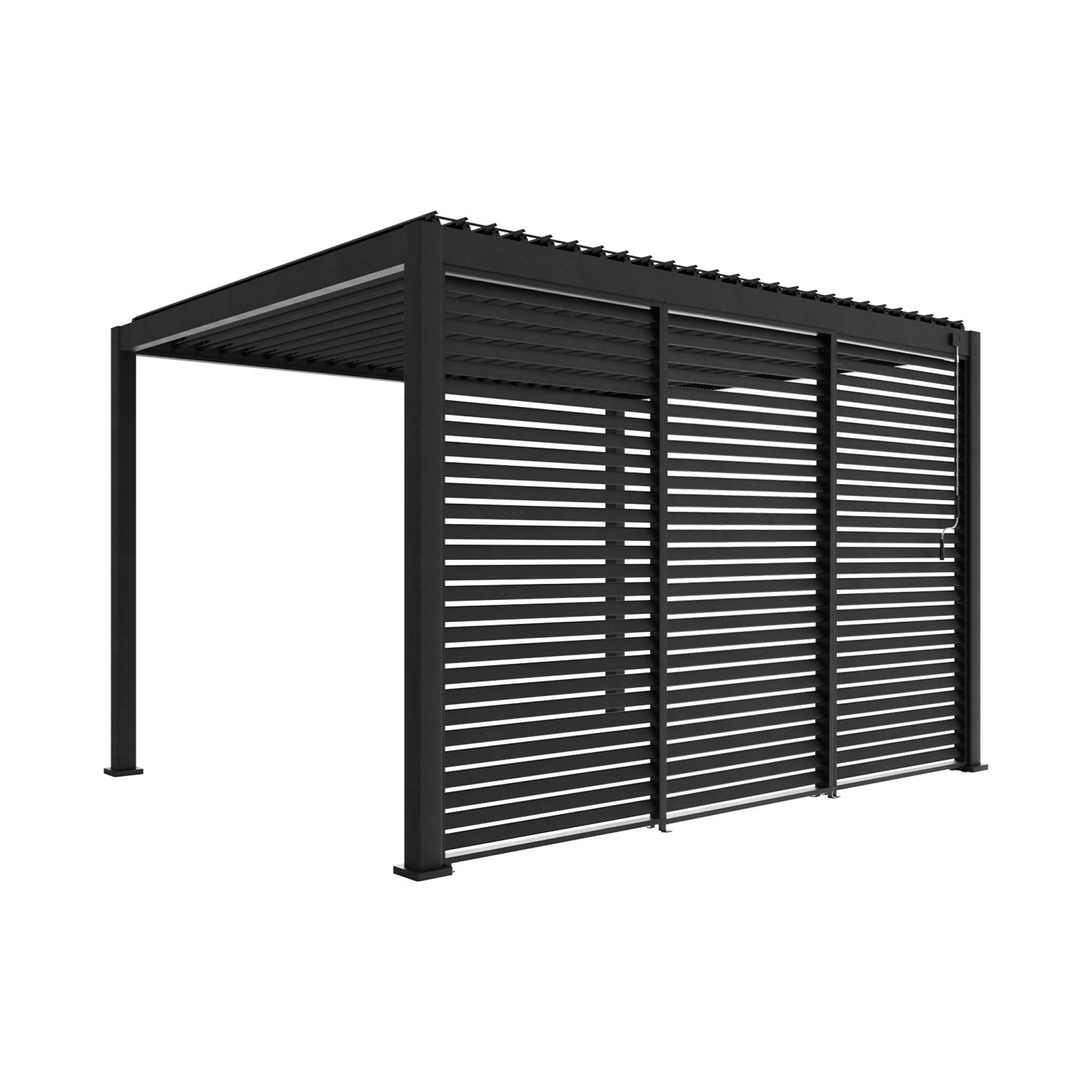 Pergola bioclimatique Triomphe 3x4 + 3 persiennes 130cm pour le côté de 4m. panneau brise vue. L 400 x P 300 x H 250 cm