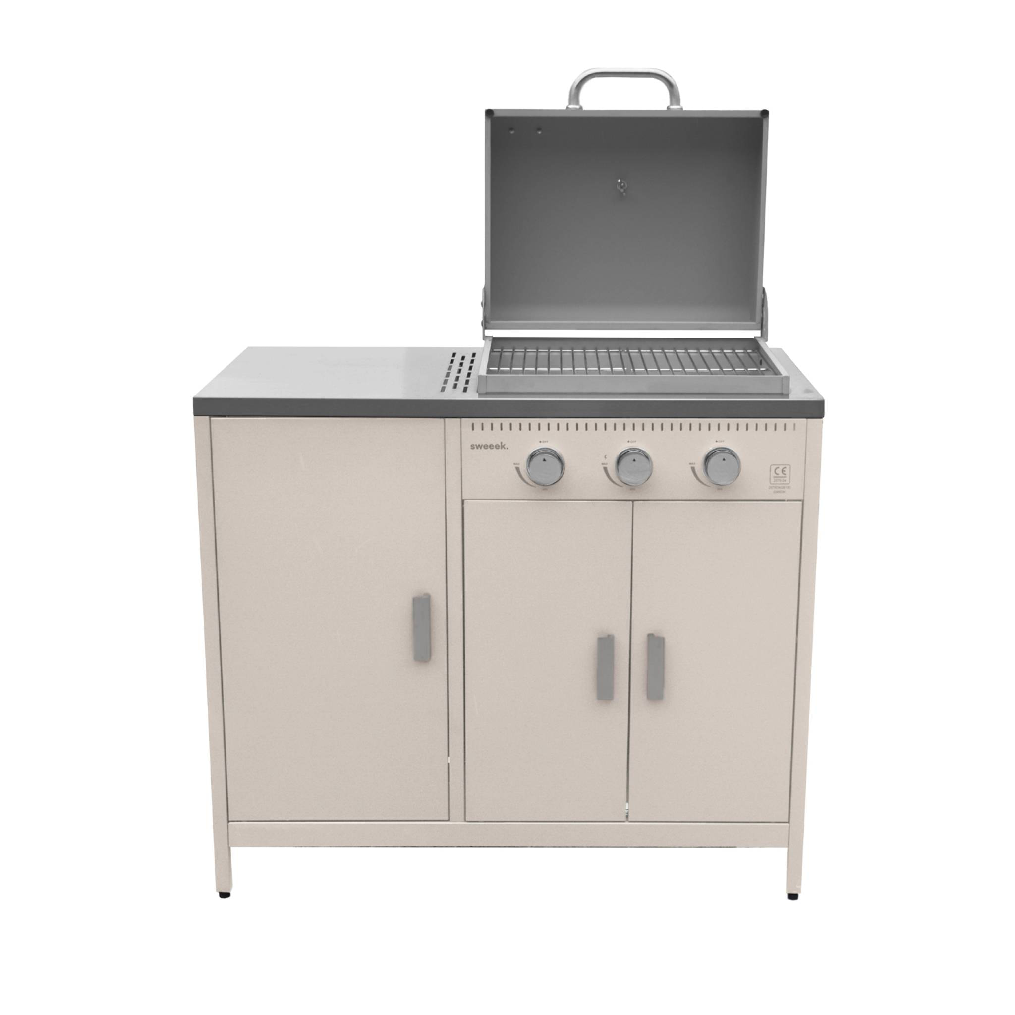 Barbecue gaz 3 brûleurs. beige. 3 portes et 2 espaces de rangement