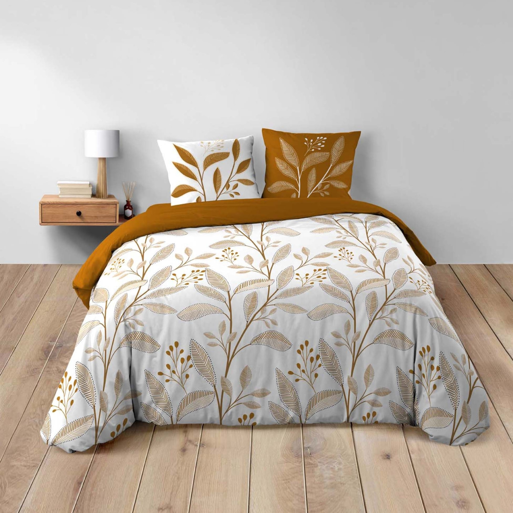 Parure de lit 3 pièces en coton à motif feuilles housse + taies - Blanc