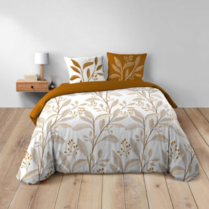 Parure de lit 3 pièces en coton à motif feuilles housse + taies - Blanc