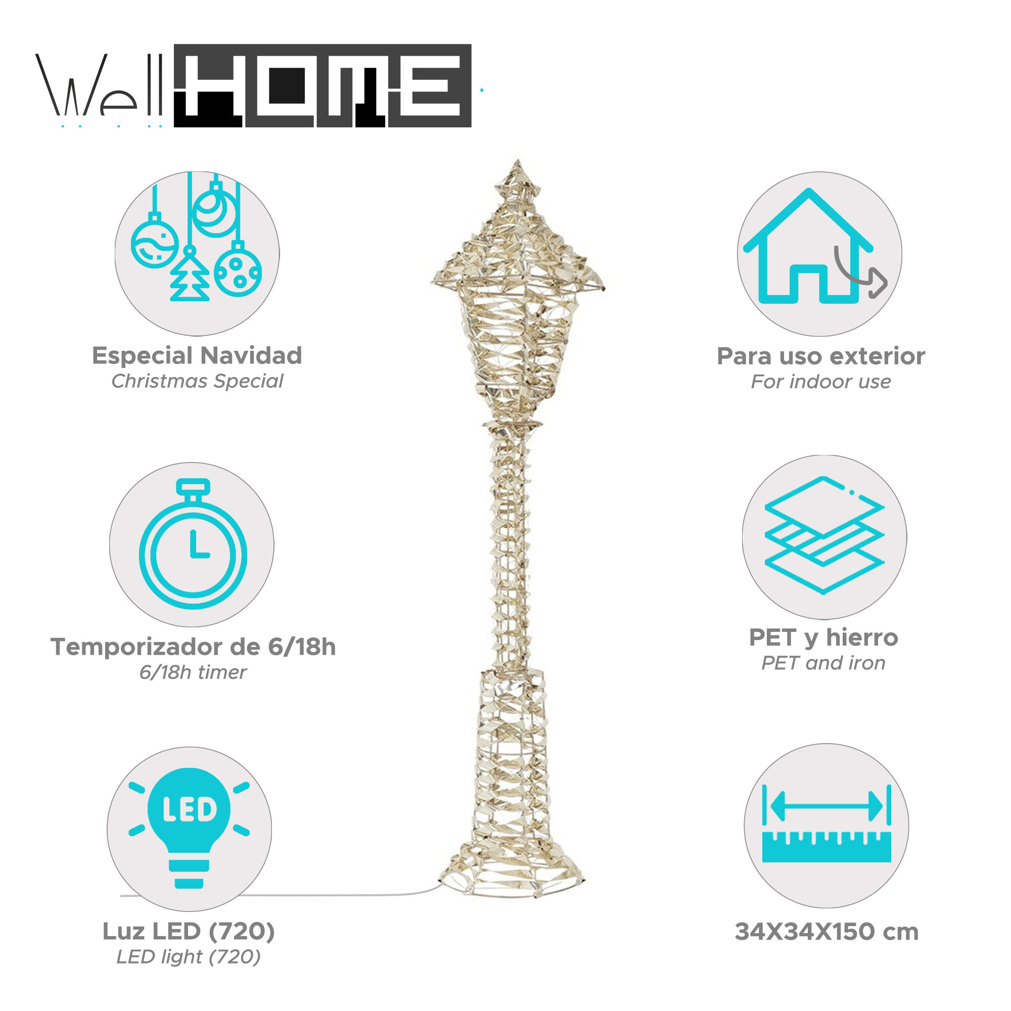 farolillo luminoso de marco dorado 34x34x150cm