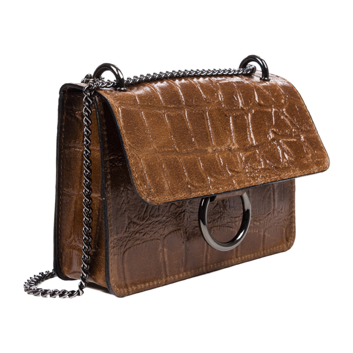 Fabrizia Bolso bandolera Mujer.Piel auténtica Gamuza Grabado Cocodrilo Grande  Camoscio