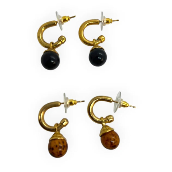 Pack aros pequeño y bola colgante dorado chapado y bolas en negro y jaspeado