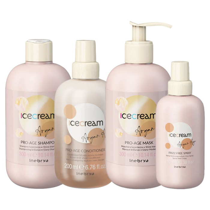 INEBRYA Kit Ice Cream Argan Age Shampoo 300ml + Conditioner 200ml + Mask 300ml + Spray 100ml