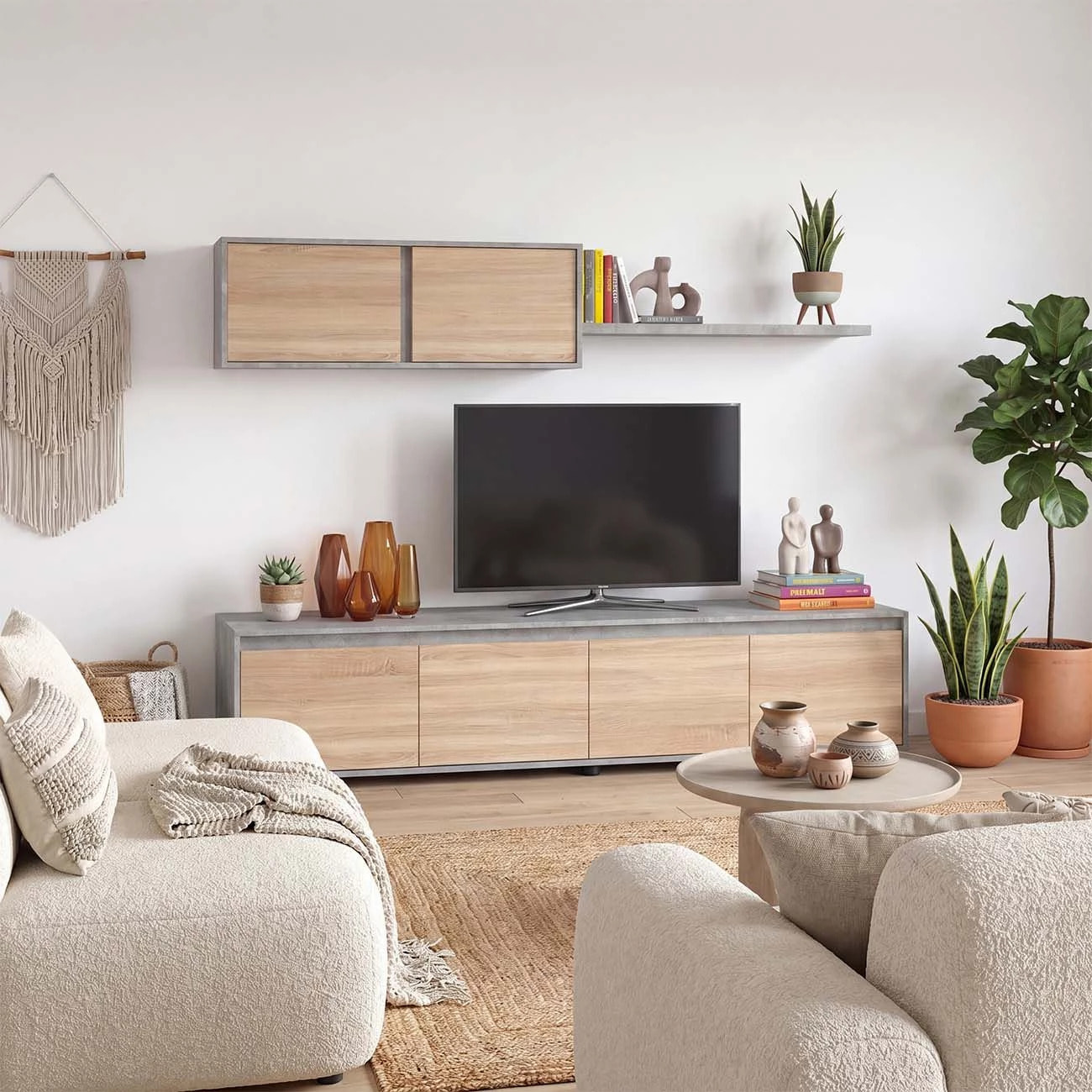 Salón con mueble de TV y estantería en gris cemento y roble canadian 200 cm Arlet Gris Cemento - Roble Canadian