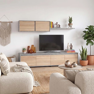 Salón con mueble de TV y estantería en gris cemento y roble canadian 200 cm Arlet Gris Cemento - Roble Canadian