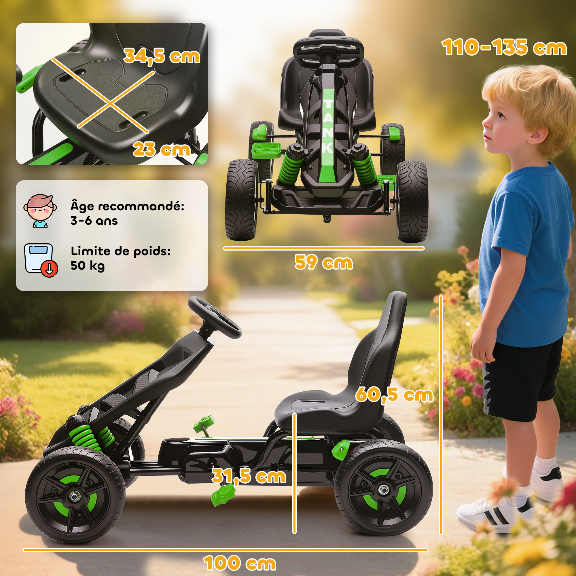 Kart à pédales enfant - Go Kart - carter chaine fermé - marche AV AR - métal plastique noir vert