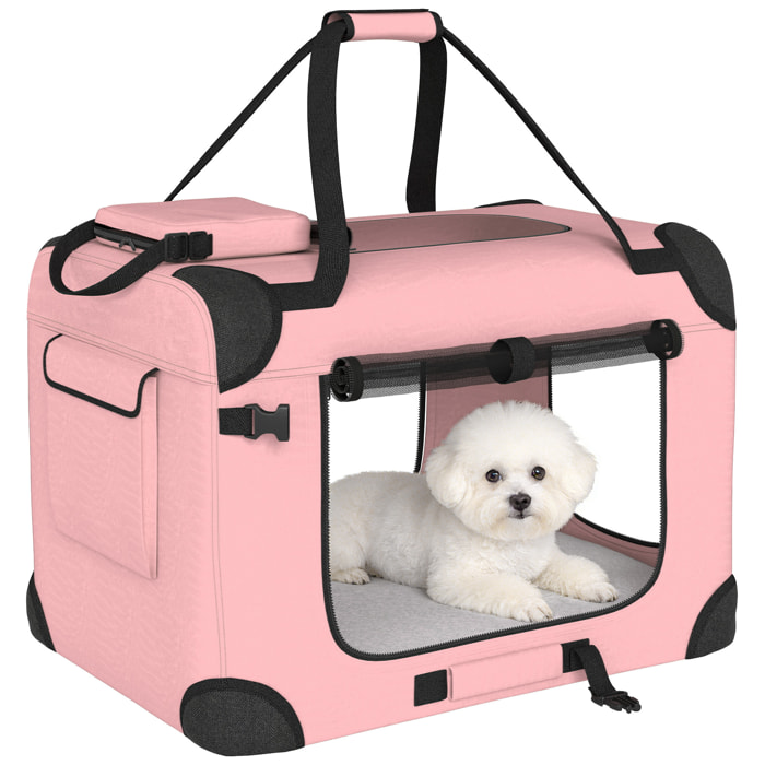 Transportín para Perros Plegable, 60x41,5x41 cm, Transportín para Mascotas con Ventanas de Malla, Cojín Suave, y 2 Asas, Bolsa de Transporte para Mini Perros, Gatos, Rosa