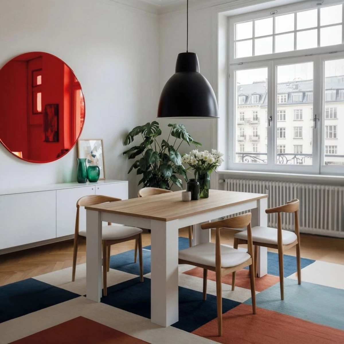 Mesa de comedor Naya en blanco artik y roble canadian 140X80 cm Blanco Artik (Blanco Mate) - Roble Canadian