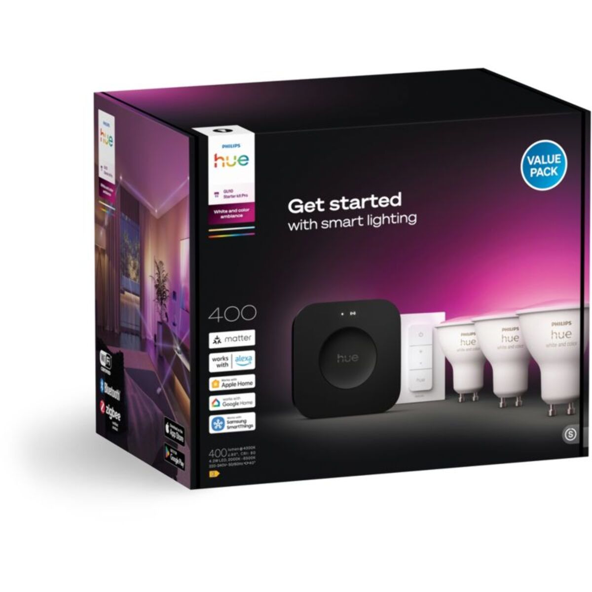 Pack PHILIPS HUE 3/GU10 White&Color Ambiance+PontV2+TLC