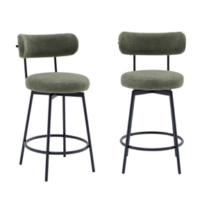 Lot de deux tabourets de bar assise rotative métal noir et tissu vert - L 50 x P 50 x H 92cm - Iris